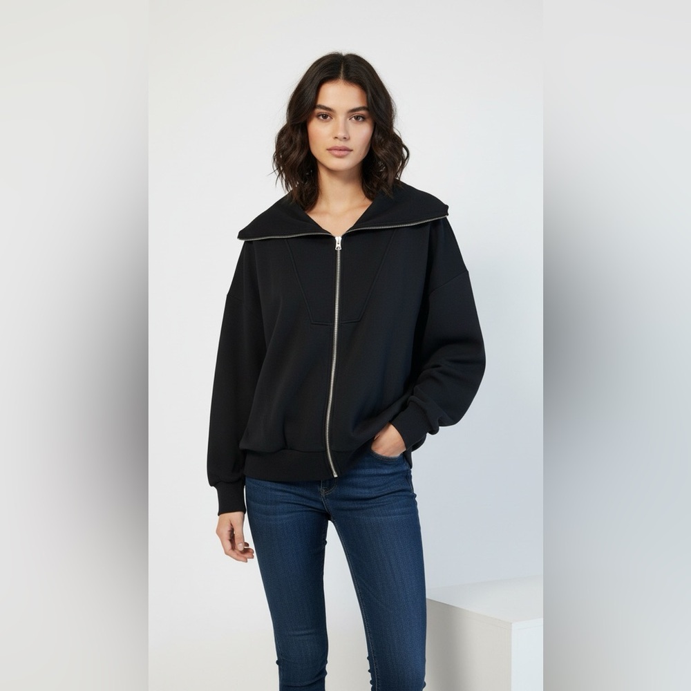 Varley Black Zip Through Sweat with Exaggerated Collar Relaxed Fit Size L